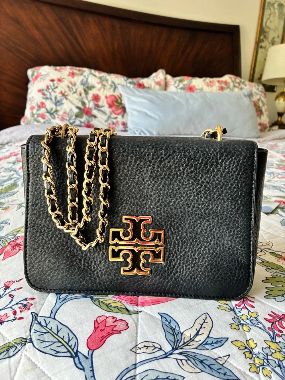 Tory Burch Black Pebbled Leather Crossbody with Gold-Tone Chain